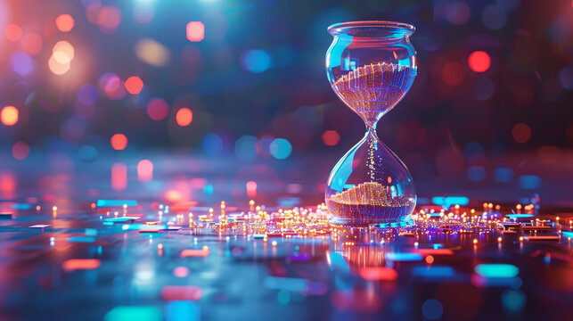 A surreal image of an hourglass with the sand transforming into digital pixels at the bottom representing the fusion of time and technology