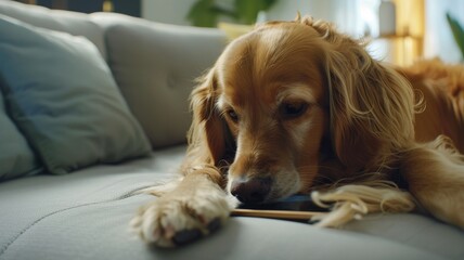 Close-up of a dog navigating a mobile phone with its paw in a living room