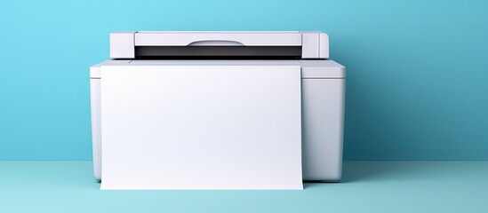 A top view of a white printer placed on top of a blue wall. The printer is visible along with a blank sheet of A4 paper inside the machine.