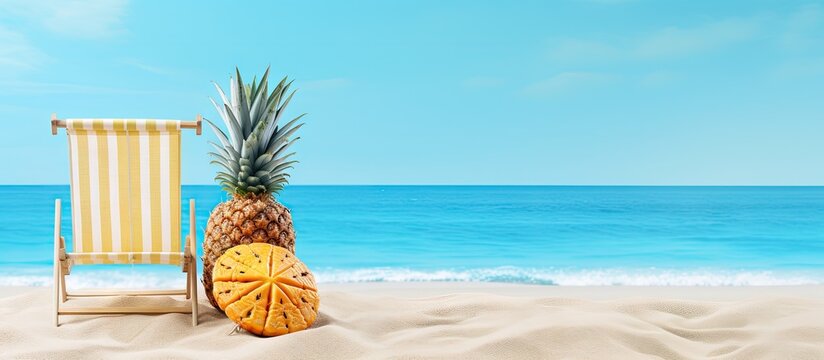A ripe pineapple rests next to a colorful beach chair on a sandy beach. The scene conveys a tropical vacation vibe with a parasol in the background.