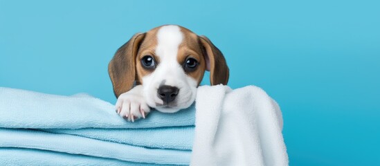A cute beagle puppy is peeking over a stack of white towels, likely after being bathed. The towels are neatly piled, and the puppys playful expression adds charm to the scene.