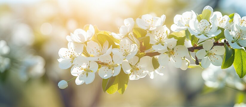 A close-up view of a tree with white flowers, specifically spring apple blossom, in a park on a bright sunny day. The image showcases the beauty and details of the delicate white blossoms.