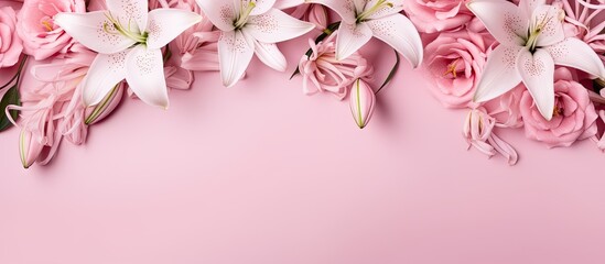 A collection of pink flowers, including roses and lilies, arranged on a pink background. The flowers create a floral border banner header with copy space. - obrazy, fototapety, plakaty