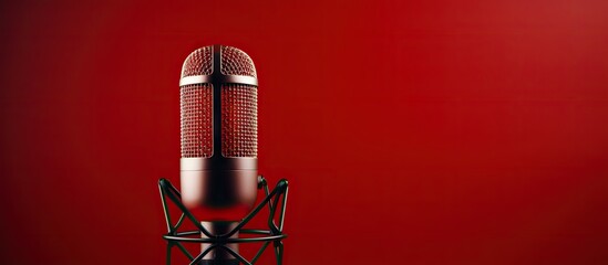 A recording studio microphone, featuring a striking red and black color scheme, is centered on a bold red background, creating a visually appealing contrast.
