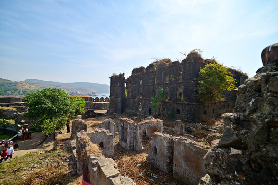 Ruins of Murud Janjira fort , an ancient naval fortress constructed in 1567 AD on a clear day situated in Raigad district of Maharashtra, India, Asia.