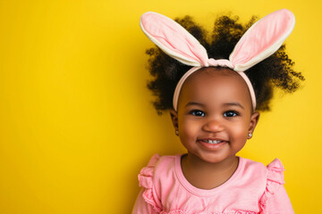 Happy african american girl with bunny ears against yellow background. Easter concept. - Powered by Adobe