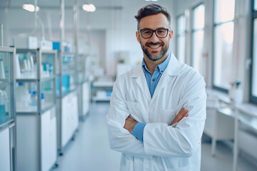 Fototapeta premium Portrait of a smiling male pharmacist standing in a drugstore