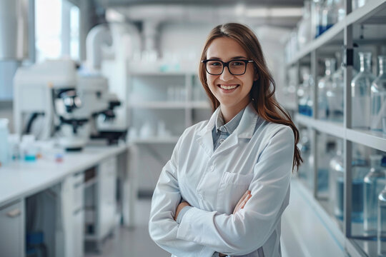 Portrait of a smiling female pharmacist standing in a drugstore