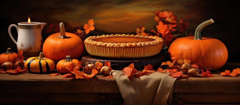 A painting depicting autumn pumpkins and a freshly baked pumpkin pie arranged on a wooden table. The warm colors of the pumpkins and the golden crust of the pie create a cozy fall scene.