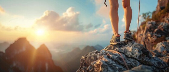 Outdoor adventure outdoors climber, extreme sport background - Close up of a sporty slim woman with climbing harness, rope and carabiner for security, climbing on a rock in the mountains - obrazy, fototapety, plakaty
