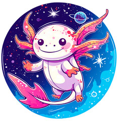 Axolotl in the space illustration. Galaxy cute axolotl in circle.