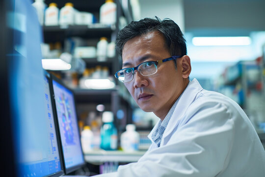 Portrait of a male researcher working in a lab (shallow DOF; color toned image)