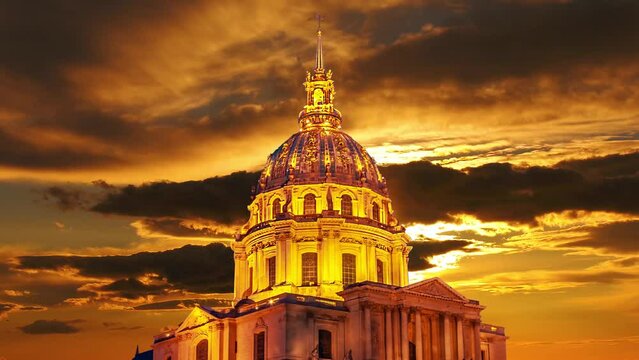 Les Invalides (The National Residence of the Invalids) against the background of the sunset (4K, time lapse). Paris, France 