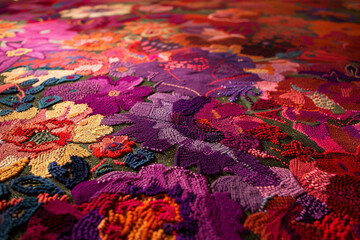 Colorful hand embroidery on the fabric as a background.