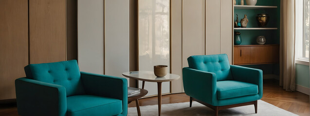 Mid-century modern room setup with a turquoise armchair against a neutral wall.