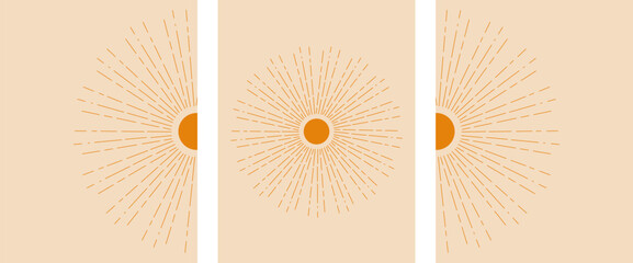 Bohemian linear set poster Sun print boho minimalist printable wall art style geometric abstract sunset sunrise print art work vector banner vintage texture natural color