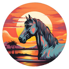 Cool sunset horse illustration for t-shirt design generated by AI.