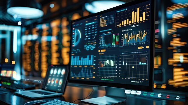 The most impactful charts and data from data scientist project portfolio on computer monitor. The intention is to convey the complexity and success. Generative AI.