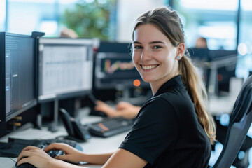 Portrait of young businesswoman working on computer at her desk in office