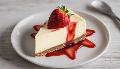A slice of cheesecake with a strawberry on top