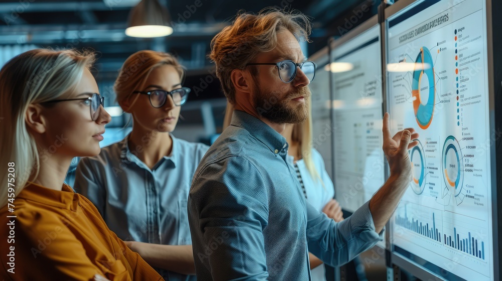 Poster three data professionals standing in front of a flip chart that shows a process diagram. generative 
