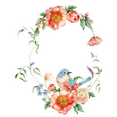 Watercolor wreath of bouquet with ranunculus, peony and song bird. Hand painted card of floral elements isolated on white background. Holiday flowers Illustration for design, print or background. - 745975259