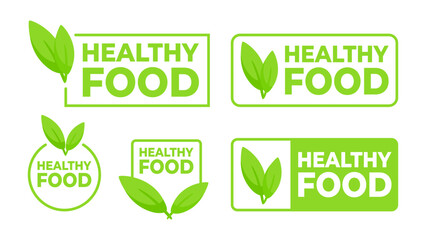 Set of green labels with Healthy Food text and a leaf icon, for marking nutritious and wholesome food options.