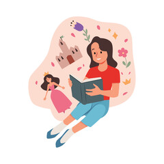 Cute girl is sitting and reading fairy tales stories book, vector cartoon princess, castle, crown and flowers imagining