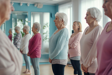 Group of elderly women standing at the mirror in a ballet position in a dance studio