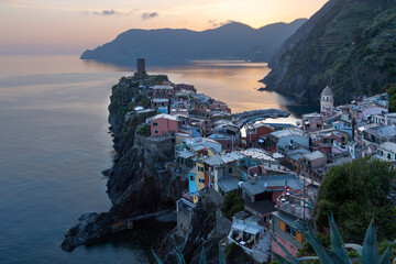 Beautiful sunset in Vernazza famous village of Cinque Terre National Park in Liguria, Italy,