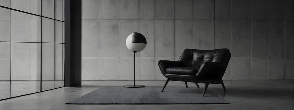 Minimalist living space showcasing a black and white chair against a concrete wall.