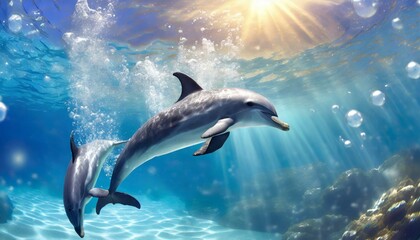 Fototapeta premium Two dolphins swimming underwater among underwater vegetation and bubbles with sun rays breaking through
