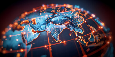 Digital world globe centered on Asia and Middle East, concept of global network and connectivity on Earth, data transfer and cyber technology, information exchange and international telecommunication - obrazy, fototapety, plakaty