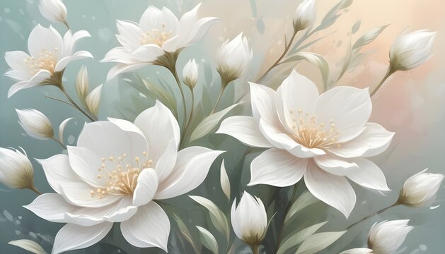 Abstract white flowers, hand painted picture.