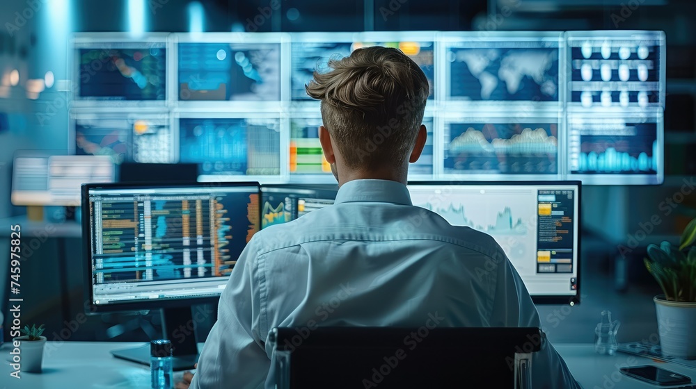 Poster web analyst conducts web page audit, he looks at monitor. several graphics are displayed on monitor.