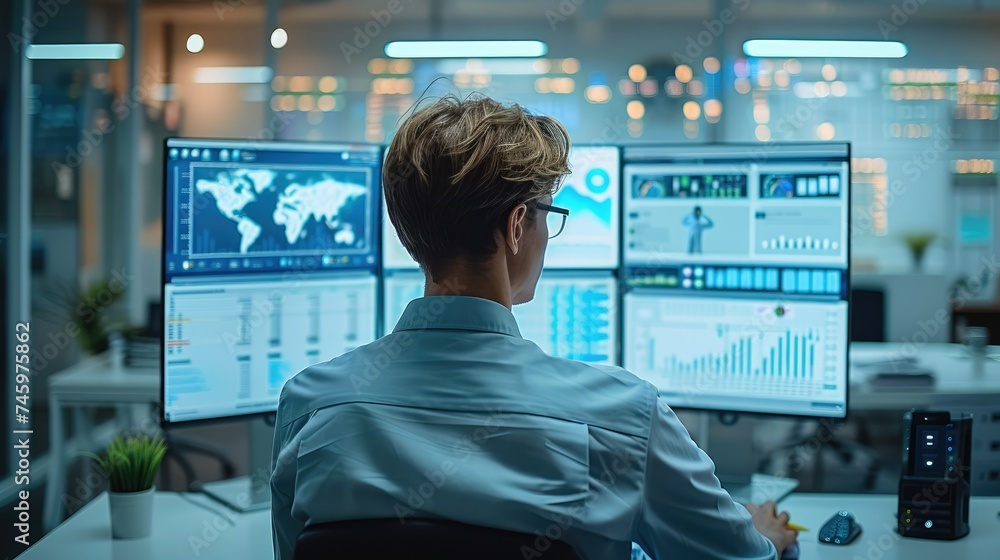 Aufkleber Web analyst conducts web page audit, he looks at monitor. several graphics are displayed on monitor. In the background workroom with whiteboard with diagram. Generative AI.
