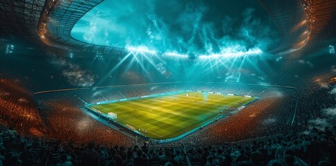 A captivating wide-angle shot showcasing a bustling stadium brimming with spectators under spectacular illumination, highlighting the grandeur of a nighttime sports event