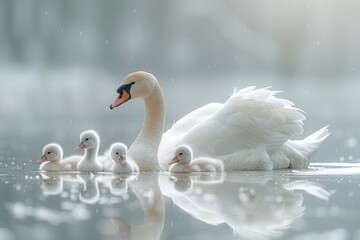 Obraz premium Graceful swans glide serenely across a tranquil blue lake, their beauty mirrored in the calm waters, capturing the essence of peaceful harmony in nature. Generative AI.