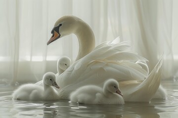 Obraz premium Graceful swans glide serenely across a tranquil blue lake, their beauty mirrored in the calm waters, capturing the essence of peaceful harmony in nature. Generative AI.