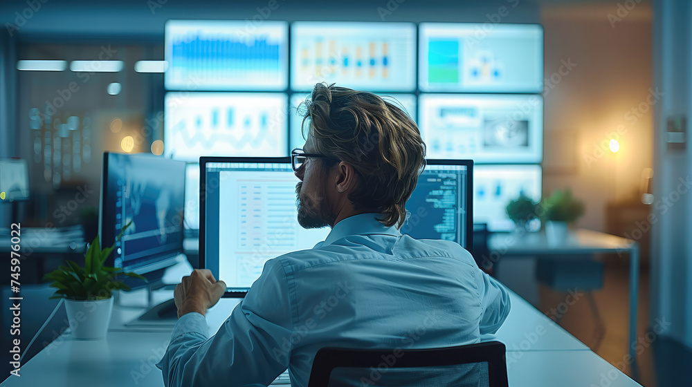 Fototapete Web analyst conducts web page audit, he looks at monitor. several graphics are displayed on monitor. In the background workroom with whiteboard with diagram. Generative AI.