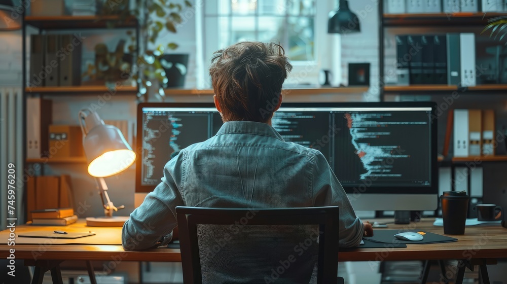 Aufkleber Hacker businessman using computer in minimal office, backside view. Generative AI.
