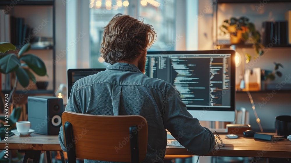 Leinwandbilder Hacker businessman using computer in minimal office, backside view. Generative AI.