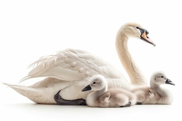 Obraz premium Graceful swans glide serenely across a tranquil blue lake, their beauty mirrored in the calm waters, capturing the essence of peaceful harmony in nature. Generative AI.