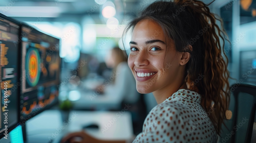 Aufkleber female software developer smiling at her desk with dual monitors at modern tech office. generative a