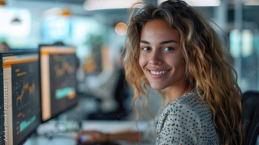 Aufkleber Female software developer smiling at her desk with dual monitors at modern tech office. Generative AI.