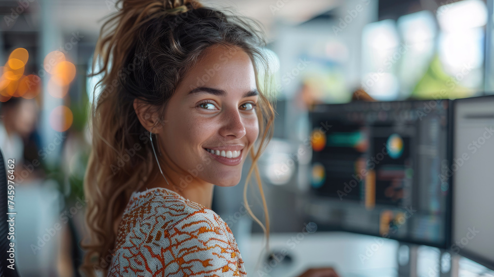 Aufkleber female software developer smiling at her desk with dual monitors at modern tech office. generative a