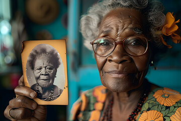 old black woman holding a photo from herself in younger into the camera