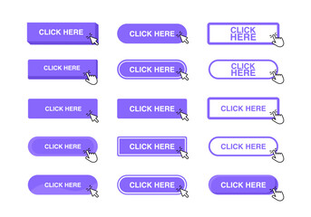 Obraz premium Click here button with hand cursor. Hand pointer clicking. Vector illustration