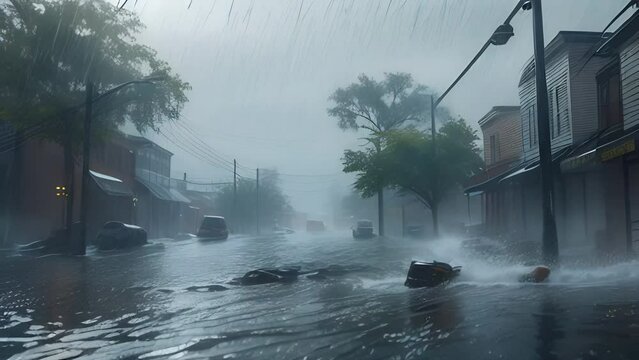 Hurricane strong wind and rainfall in a town