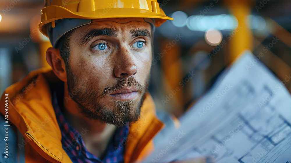Poster close-up of a construction worker looking confused at blueprints. generative ai.
